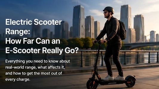 Electric scooter rider commuting through a city street