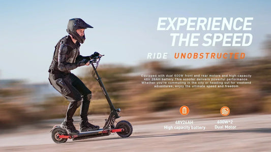 Rider wearing helmet riding Joyor electric scooter at high speed, experience unobstructed fast ride on e-scooter
