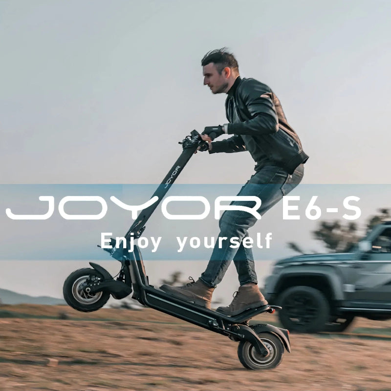 Video laden: Joyor E6-S portable foldable electric scooter outdoor riding showcase, showing lightweight body and smooth off-road driving experience