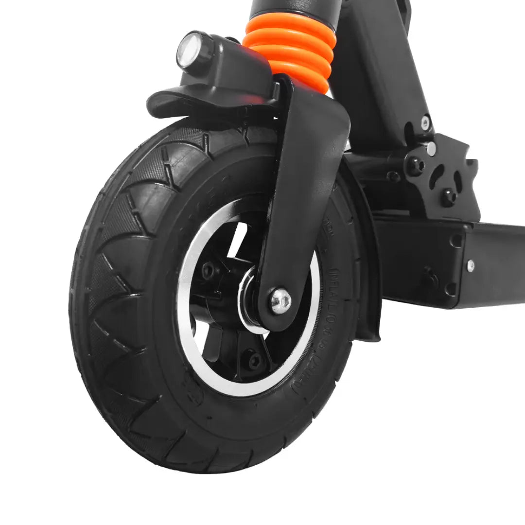 JOYOR F5 e-scooter front wheel and shock absorber close-up
