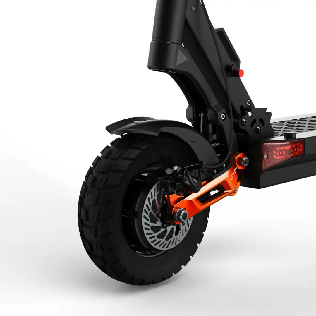 JOYOR T-PRO electric scooter front wheel and hydraulic suspension close-up