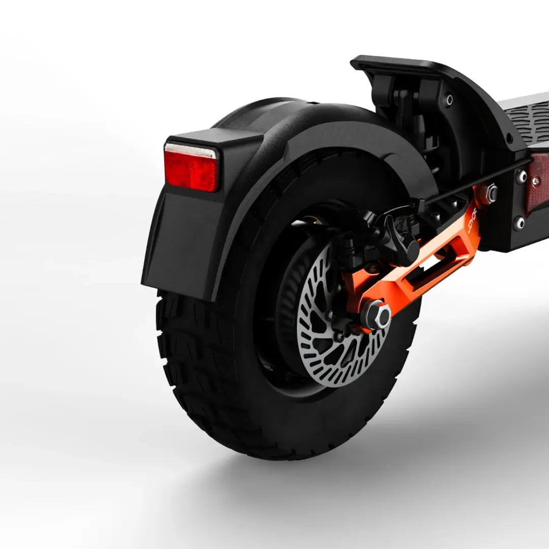 JOYOR T10 electric scooter rear wheel hydraulic disc brake close-up