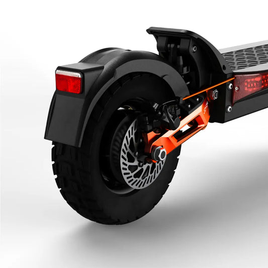 JOYOR T6 e-scooter rear wheel and disc brake close-up