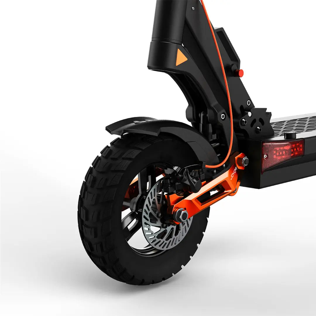 JOYOR T6 scooter front suspension and folding hinge detail shot
