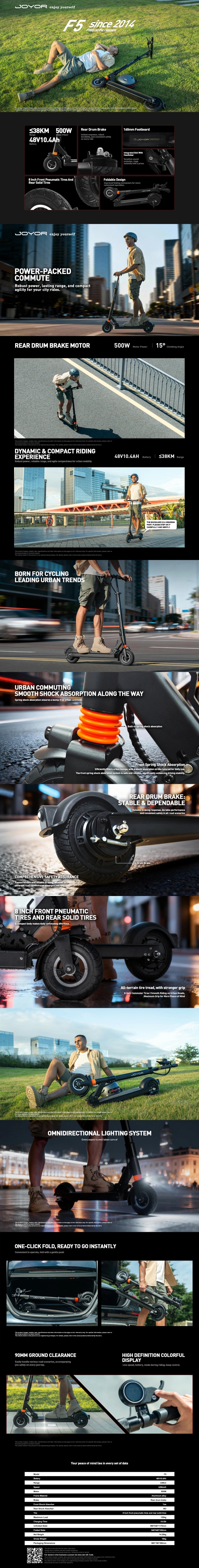 JOYOR F5 e-scooter key features and full technical specifications infographic