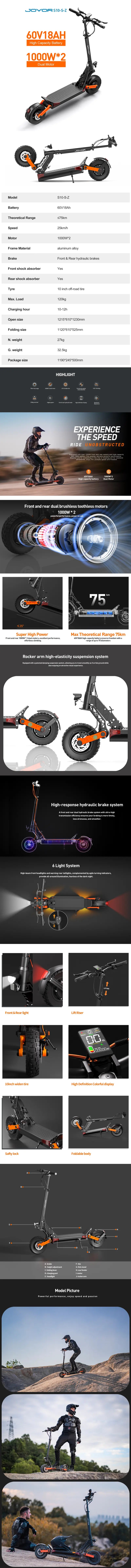 JOYOR S10-S-Z e-scooter specs, features and performance overview infographic