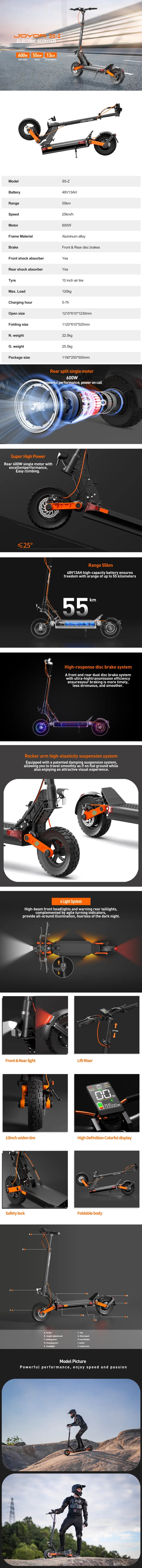 JOYOR S5-Z e-scooter features, specs and performance overview infographic