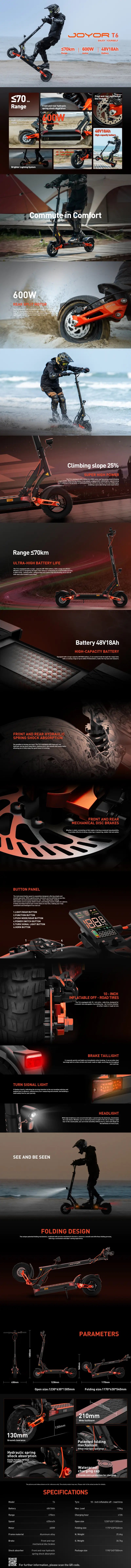 JOYOR T6 e-scooter full specifications and functional feature infographic