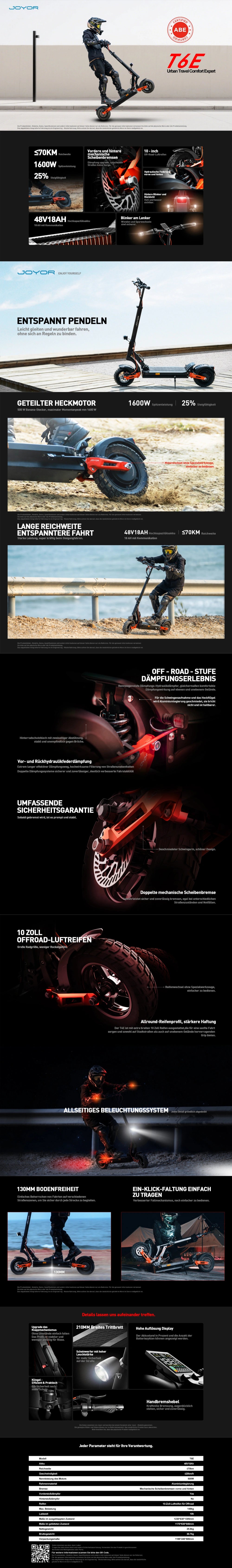 JOYOR T6E e-scooter technical specifications and feature overview infographic