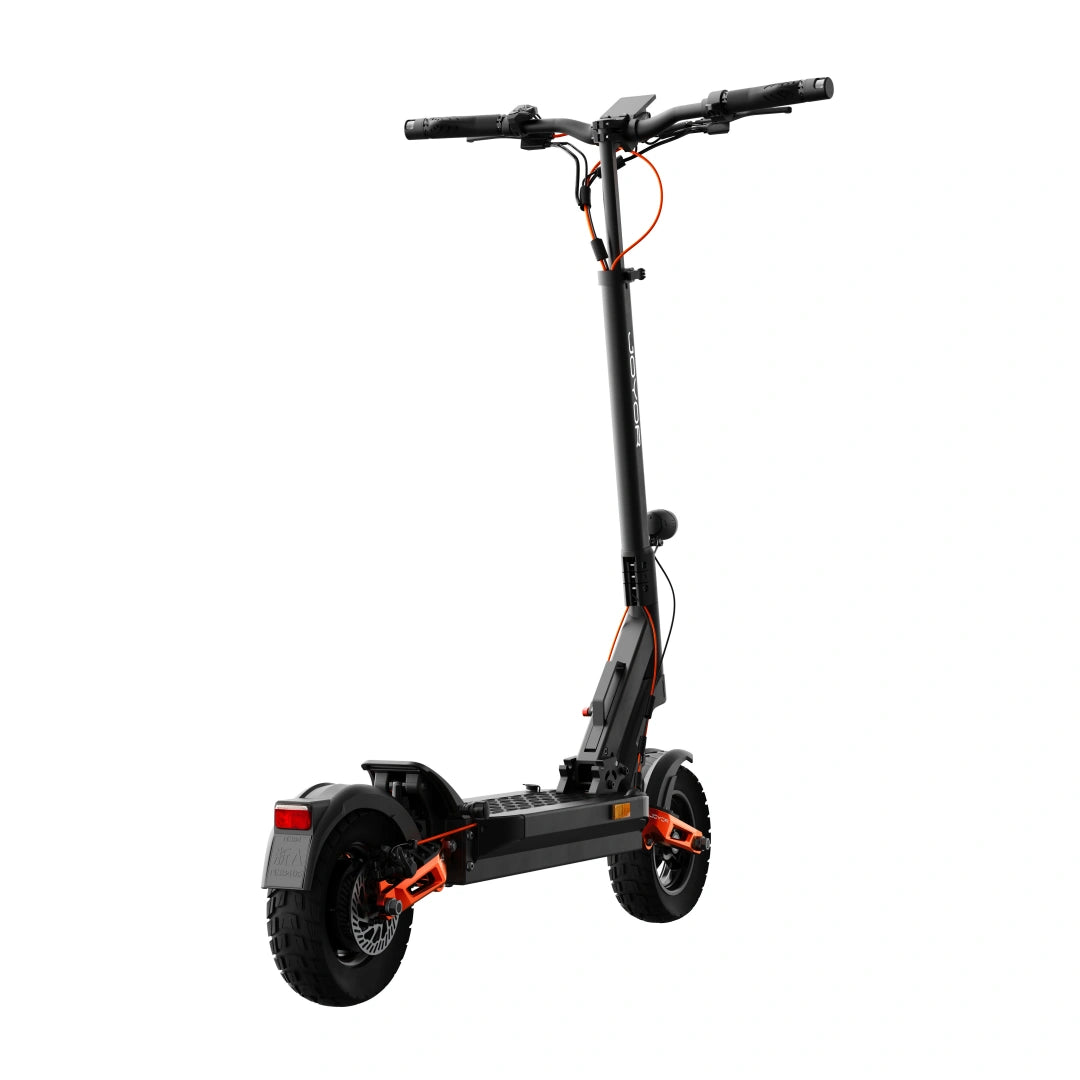 JOYOR T6E electric scooter side view with dual hydraulic suspension