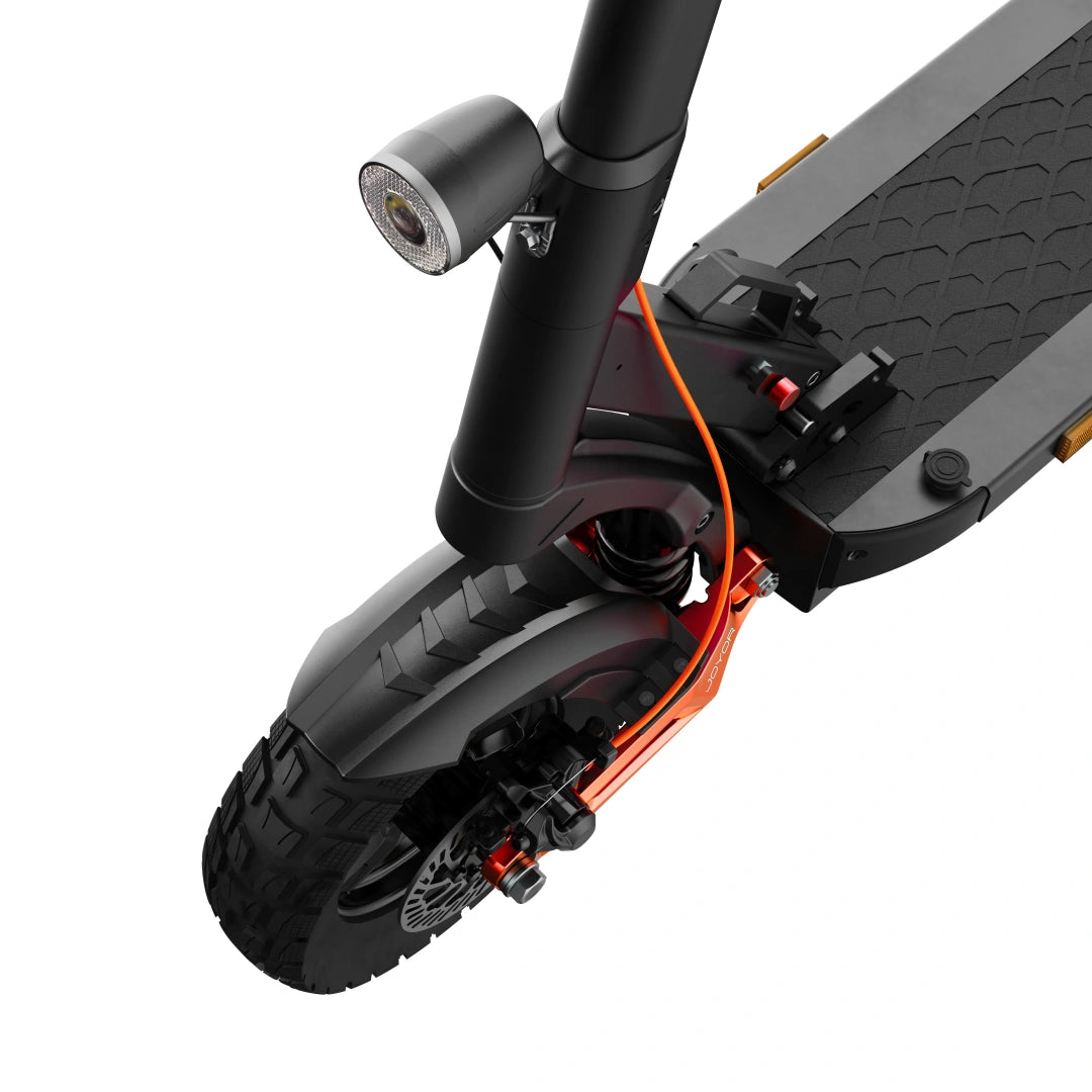 JOYOR T6E scooter front tire and hydraulic spring suspension close-up