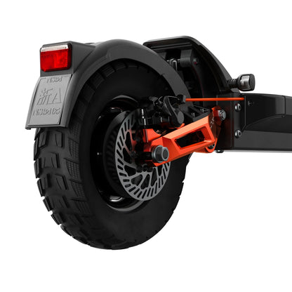 JOYOR T6E electric scooter rear wheel disc brake close-up shot