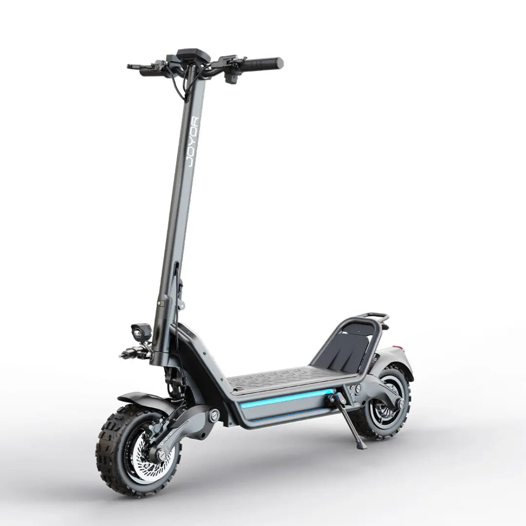 JOYOR E6-S electric scooter front side view, dual hydraulic brakes