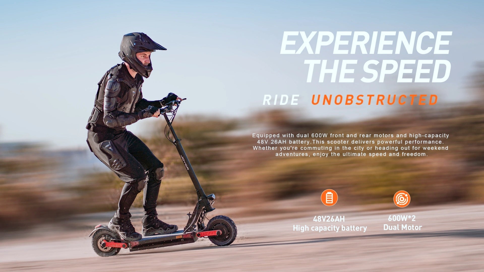 Dynamic speed shot banner of rider on JOYOR S8-S-Z electric scooter with text Experience The Speed