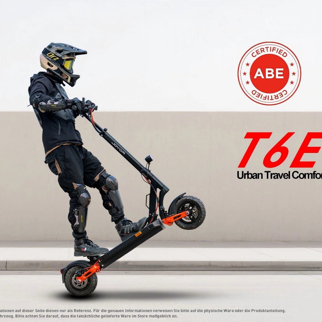 Video laden: Official showcase video of Joyor T6E EU-ABE certified road legal electric scooter, introducing its legal certification, urban travel comfort and rugged off-road structure